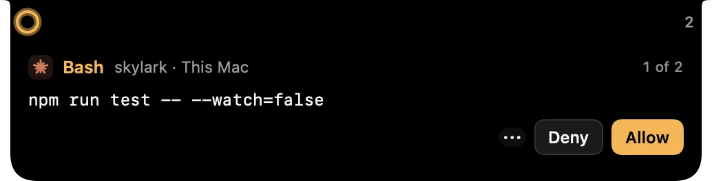 Notchbird's notch showing a Claude Code Bash permission request for npm run test -- --watch=false from the skylark project on This Mac, with Deny and Allow buttons.