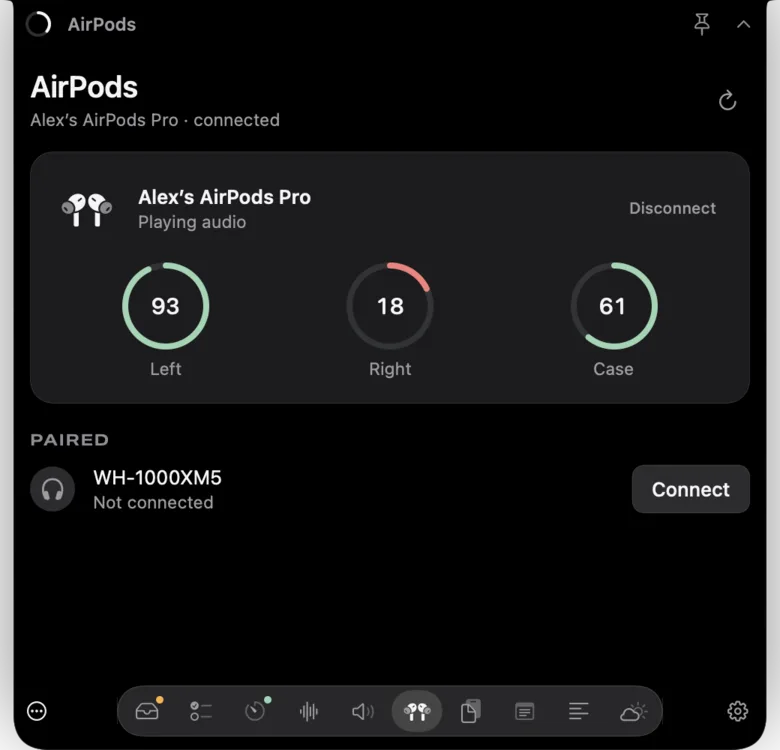 Notchbird's AirPods section: left earbud 93 percent, right 18 percent, case 61 percent, and a paired pair of headphones with a Connect button.
