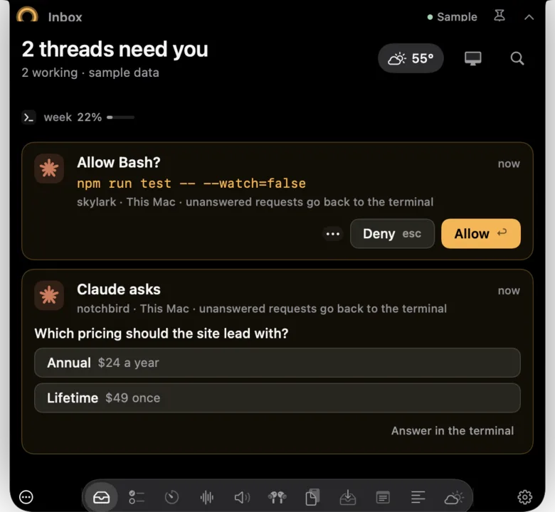 Notchbird's Inbox with a Claude Code permission request for npm run test, with Deny and Allow buttons, and a multiple-choice question from Claude with its answers as buttons.