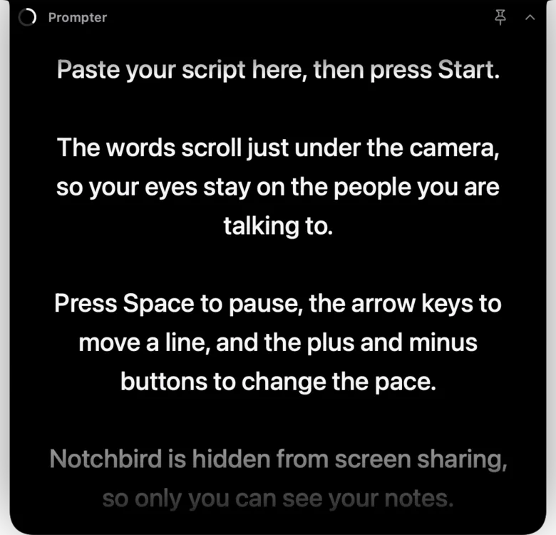 Notchbird's Prompter section: large script text scrolling just under the MacBook camera.