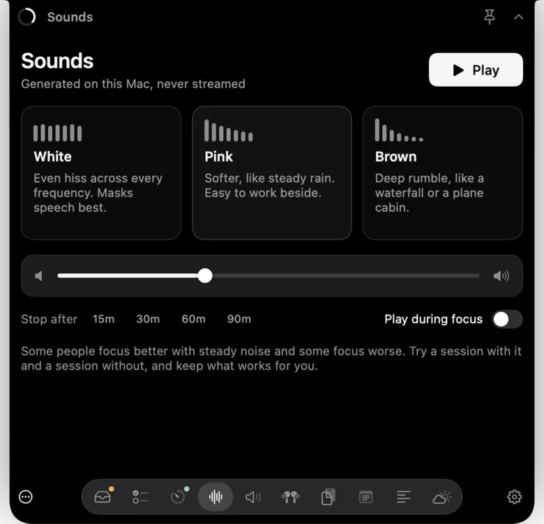 Notchbird's Sounds section: white, pink and brown noise with a volume slider and a stop-after timer.